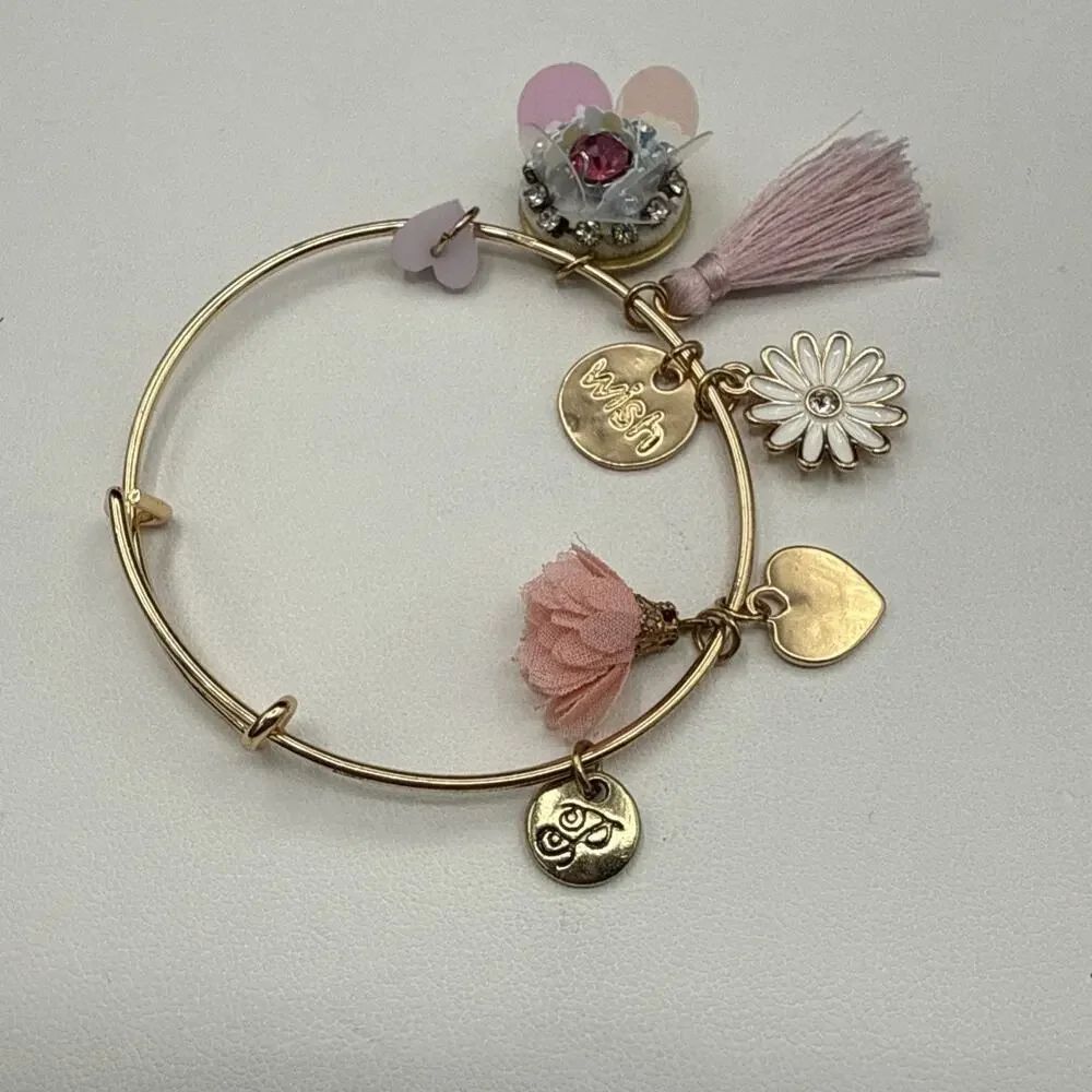 Plunder Charm Bracelet‎ Pink Flower Heart Tassel Adjustable 6.5 - 7.5 in